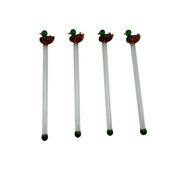 Vintage Hand Blown Glass Swizzle Stir Sticks Stir Mallard Ducks Used Set of 4 - Picture 1 of 4